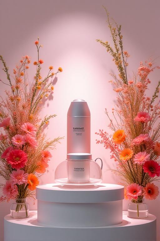 A product display elegantly framed by custom floral arrangements.