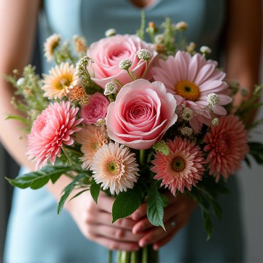 A close-up of a unique, handcrafted floral bouquet with varied blooms.